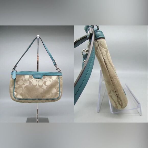 Coach Khaki Signature Sateen Canvas w/ Teal Leather Trim Wristlet Handbag Purse - Picture 2 of 6
